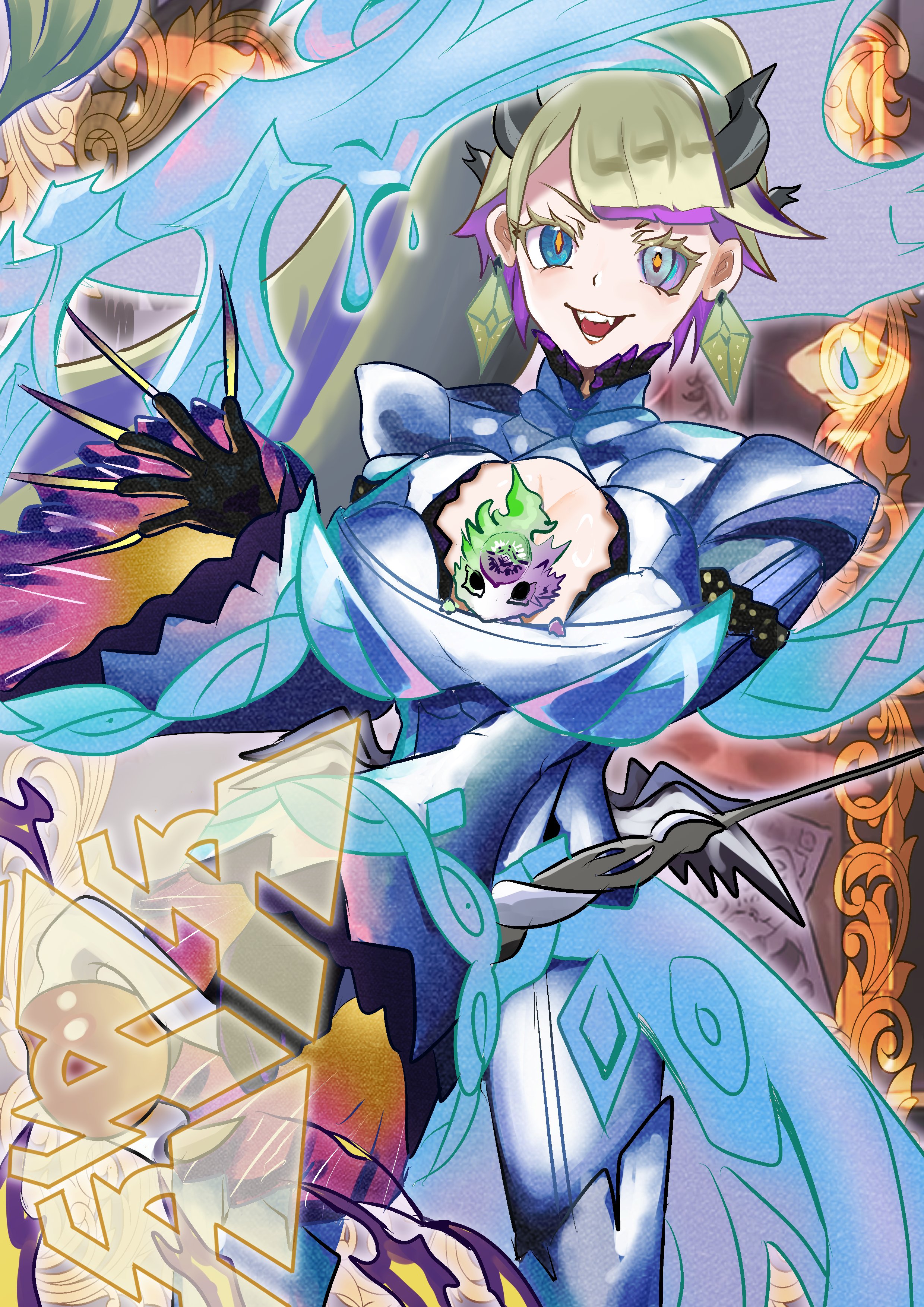 xzon (chai z), diabellze the original sinkeeper, diabellze the white witch, yu-gi-oh!, absurdres, highres, 1girl, black sclera, blonde hair, blue eyes, bodysuit, breasts, cleavage, colored sclera, crazy smile, duel monster, fingernails, green eyes, green hair, large breasts, long hair, multicolored hair, open mouth, ponytail, purple hair, smile, solo, teeth, two-tone hair, upper body, very long fingernails, white bodysuit