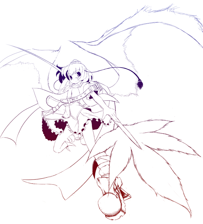 takahero, shameimaru aya, touhou, 1girl, female focus, geta, looking at viewer, monochrome, solo, tengu-geta