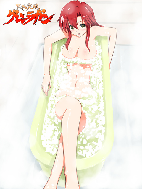 niwatori kokezou, yoko littner, yomako, tengen toppa gurren lagann, 00s, 1girl, bath, bathtub, breasts, cleavage, completely nude, crossed legs, female focus, large breasts, long hair, nude, red hair, sitting, solo, steam, yellow eyes
