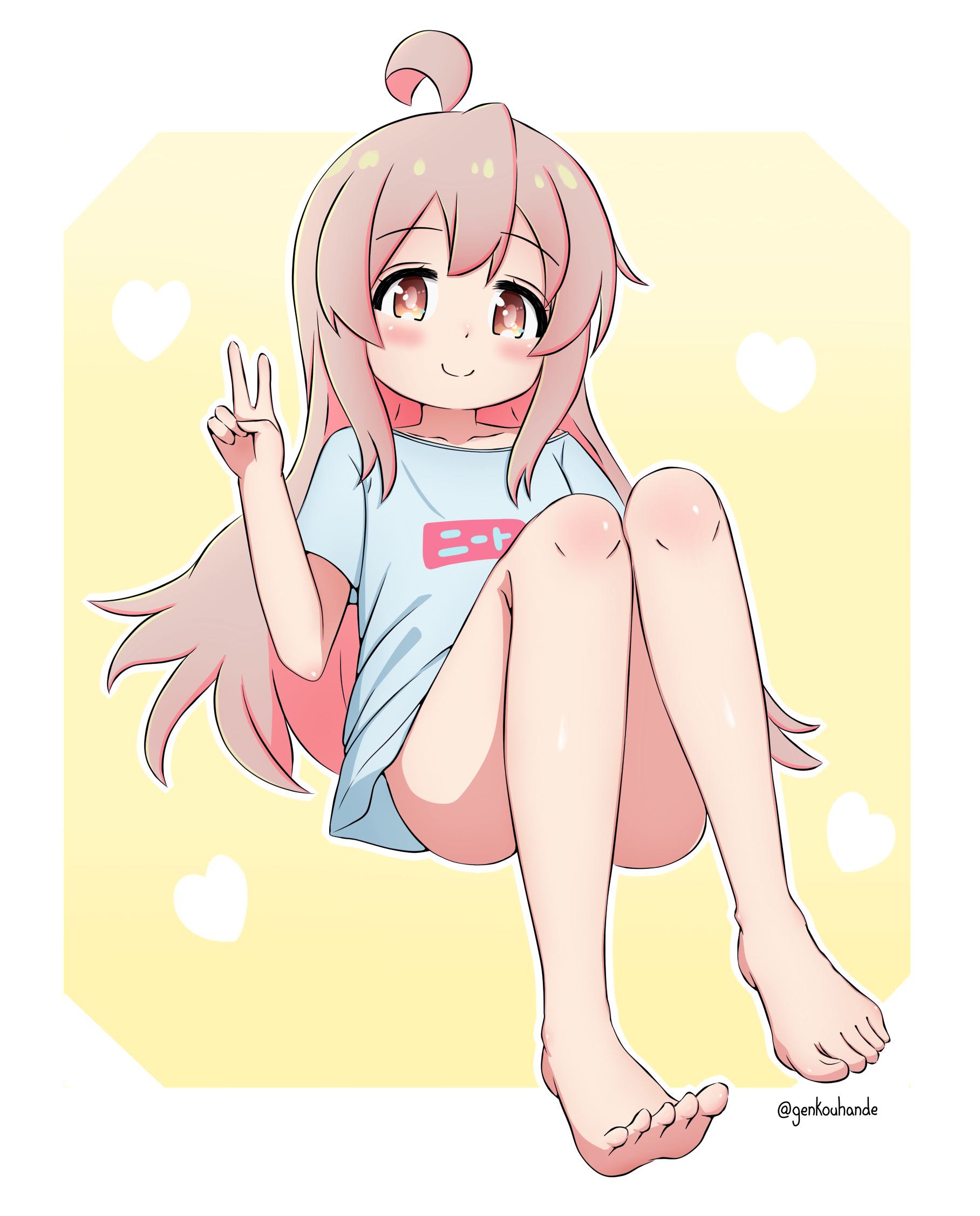 genkouhande, oyama mahiro, onii-chan wa oshimai!, highres, 1girl, ahoge, barefoot, blue shirt, blush, bottomless, eyelashes, full body, long hair, pink hair, shirt, short sleeves, sitting, smile, twitter username, v, very long hair