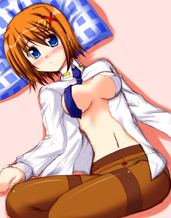 yagami hayate, lyrical nanoha, mahou shoujo lyrical nanoha, mahou shoujo lyrical nanoha strikers, 00s, 1girl, bad anatomy, breasts, brown pantyhose, crotch seam, female focus, hair ornament, large breasts, necktie, no bra, open clothes, open shirt, panties, panties under pantyhose, pantyhose, pillow, poorly drawn, shirt, solo, thighband pantyhose, underwear, x hair ornament