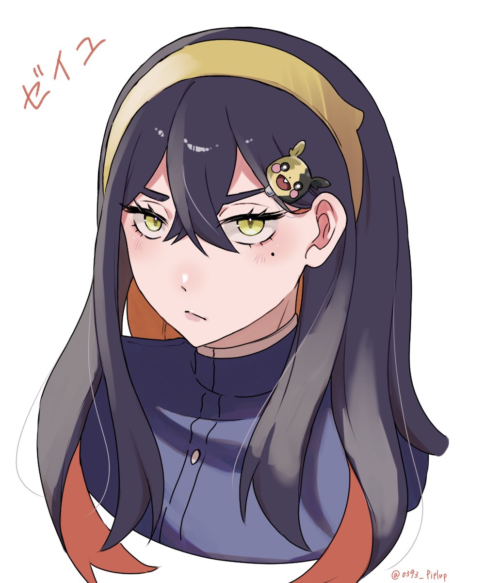 carmine (pokemon), morpeko, morpeko (full), nintendo, pokemon, pokemon sv, highres, 0393 piplup, 1girl, black hair, character hair ornament, closed mouth, colored inner hair, cropped torso, crossed bangs, eyelashes, gen 8 pokemon, hair between eyes, hair ornament, hairband, hairclip, light frown, long hair, looking at viewer, mole, mole under eye, multicolored hair, red hair, solo, two-tone hair, upper body, white background, yellow eyes, yellow hairband