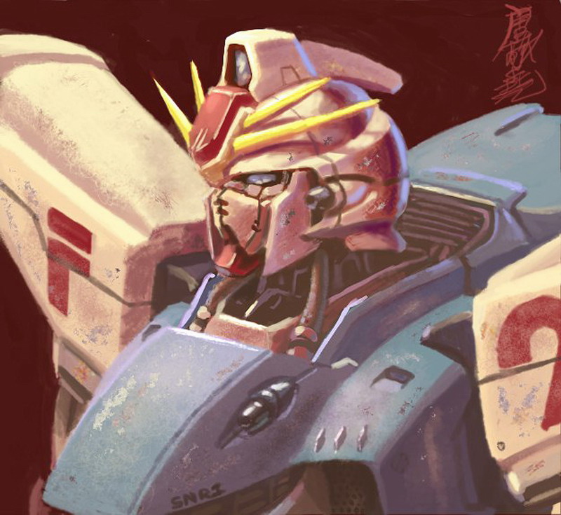 tanqexe, f91 gundam, gundam, gundam f91, commentary, english commentary, cable, green eyes, machinery, mecha, mecha focus, mobile suit, no humans, portrait, realistic, robot, science fiction, signature, upper body, v-fin
