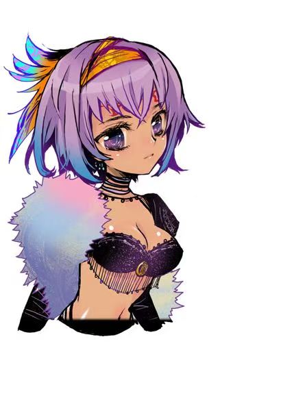 ooishi ryuuko, hikari no valusia, steampunk (liarsoft), game cg, non-web source, official art, 1girl, ana (hikari no valusia), armband, bra, facial mark, forehead mark, gloves, headscarf, holding, long hair, long sleeves, military, military uniform, navel, necktie, purple bra, purple eyes, purple hair, short hair, skirt, solo, sword, tan, underwear, very long hair, weapon, white gloves