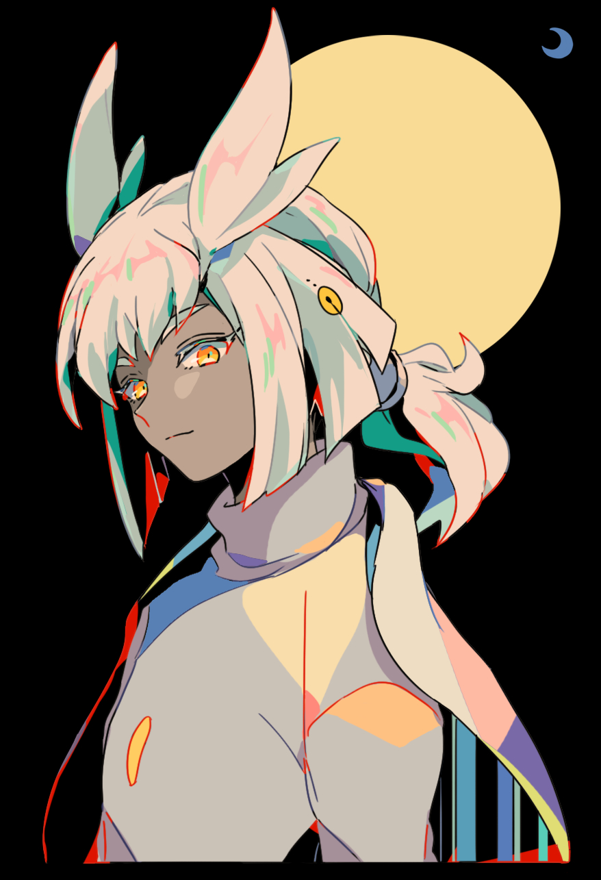mizuki tsukimori, sky: children of the light, character request, commentary request, highres, 1girl, black background, cape, closed mouth, colored skin, eyelashes, full moon, grey skin, long sleeves, looking at viewer, moon, orange eyes, ponytail, shirt, solo, sweater, turtleneck, turtleneck sweater, upper body, white cape, white hair, white shirt