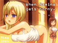 kairi (shery rakuura), mike inel, kairi (kingdom hearts), namine, kingdom hearts, kingdom hearts ii, animated, animated gif, looping animation, lowres, 2girls, artist name, ass, bent over, blonde hair, blush, bottomless, bouncing breasts, breasts, brown hair, cleavage, clothes lift, covered erect nipples, dress, dress lift, english text, hanging breasts, large breasts, long hair, medium hair, multiple girls, nipples, no bra, no panties, see-through clothes, solo focus, tank top, watermark, white dress