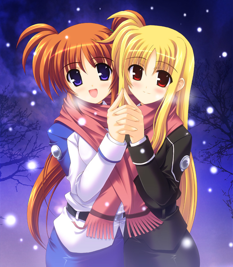 rakkyo, yuumin, fate testarossa, takamachi nanoha, lyrical nanoha, mahou shoujo lyrical nanoha, mahou shoujo lyrical nanoha strikers, 00s, 2girls, blonde hair, blue hair, breath, holding hands, long hair, military, military uniform, multiple girls, purple eyes, red eyes, red hair, scarf, shared clothes, shared scarf, side ponytail, snow, tree, yuri