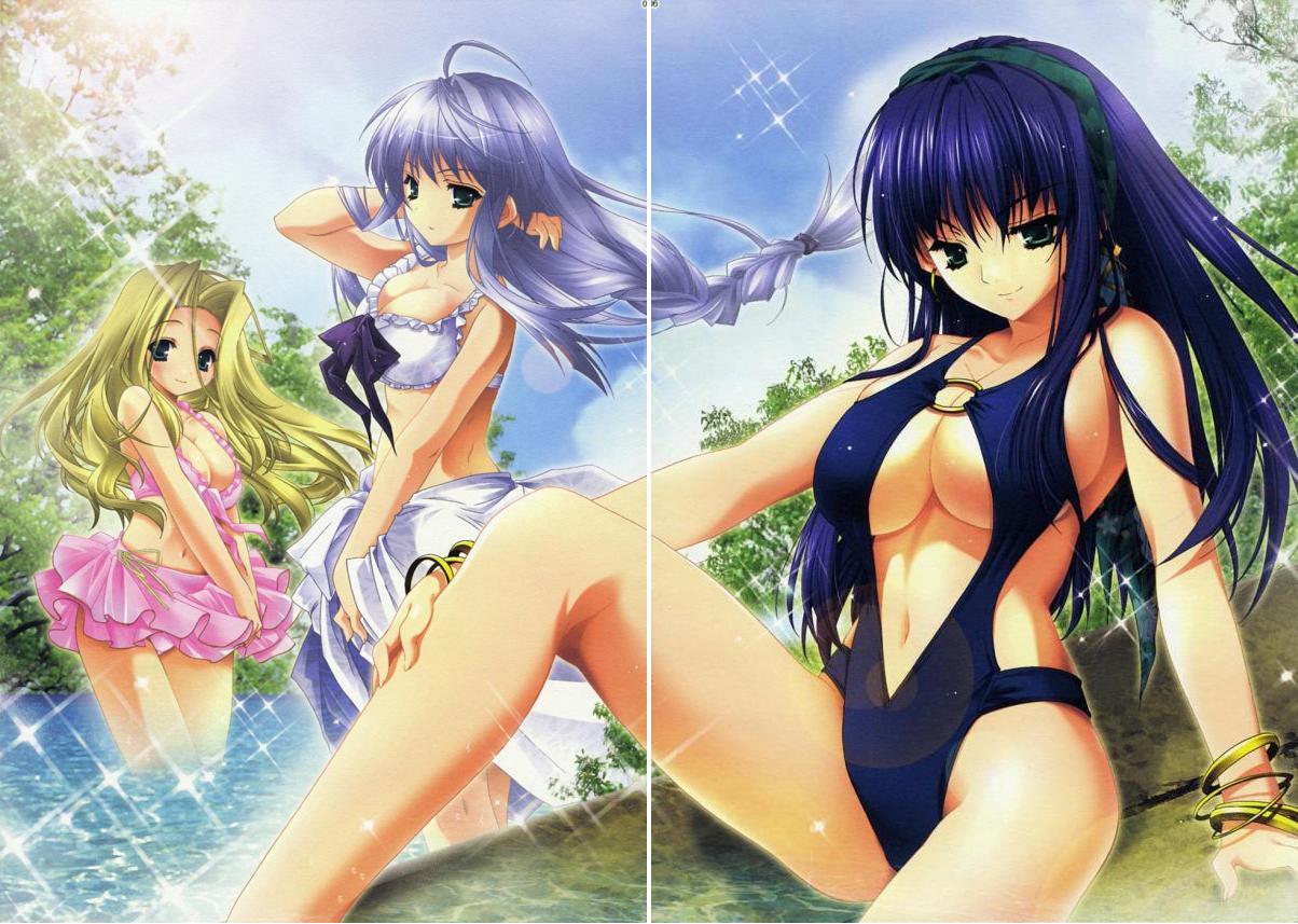 kamishiro midorimaru, hrist valkyrie, lenneth valkyrie, silmeria, silmeria valkyrie, valkyrie profile (series), valkyrie profile 2: silmeria, scan, 3girls, bikini, blonde hair, blue eyes, blue hair, braid, breasts, day, green eyes, large breasts, long hair, low-braided long hair, low-tied long hair, multiple girls, swimsuit, water