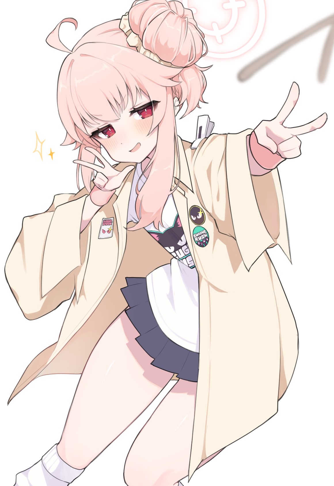 tonikaku kaku, natsu (band) (blue archive), natsu (blue archive), blue archive, commentary request, highres, 1girl, ahoge, drumsticks, hair bun, halo, jacket, kneehighs, long hair, long sleeves, looking at viewer, official alternate costume, open clothes, open jacket, open mouth, pink hair, pink halo, pleated skirt, red eyes, shirt, simple background, skirt, smile, socks, solo, sparkle, thighs, v, w, white shirt, white socks, yellow jacket