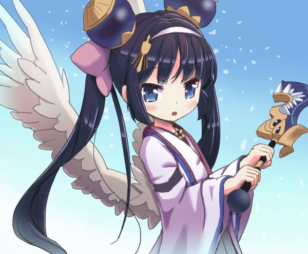 mitama ruri, emil chronicle online, 1girl, black hair, blue background, blue eyes, bow, breasts, coconyo, dress, from side, hairband, holding, holding sword, holding weapon, japanese clothes, long hair, pink bow, pink dress, small breasts, solo, sphere hair ornament, sword, twintails, upper body, weapon, white hairband, white wings, wings