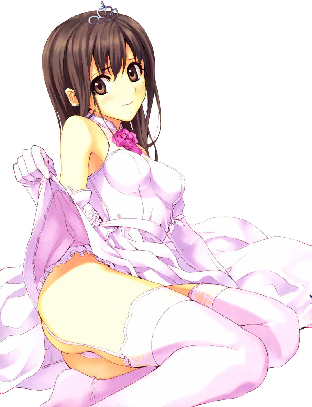 luna (reclaimed land), original, highres, jpeg artifacts, scan, 1girl, ass, blush, breasts, brown eyes, brown hair, clothes lift, covered erect nipples, crown, dress, dress lift, earrings, female focus, flower, gloves, hat, jewelry, long hair, medium breasts, panties, sitting, skirt, skirt lift, solo, thighhighs, thighs, tiara, underwear, upskirt, yokozuwari