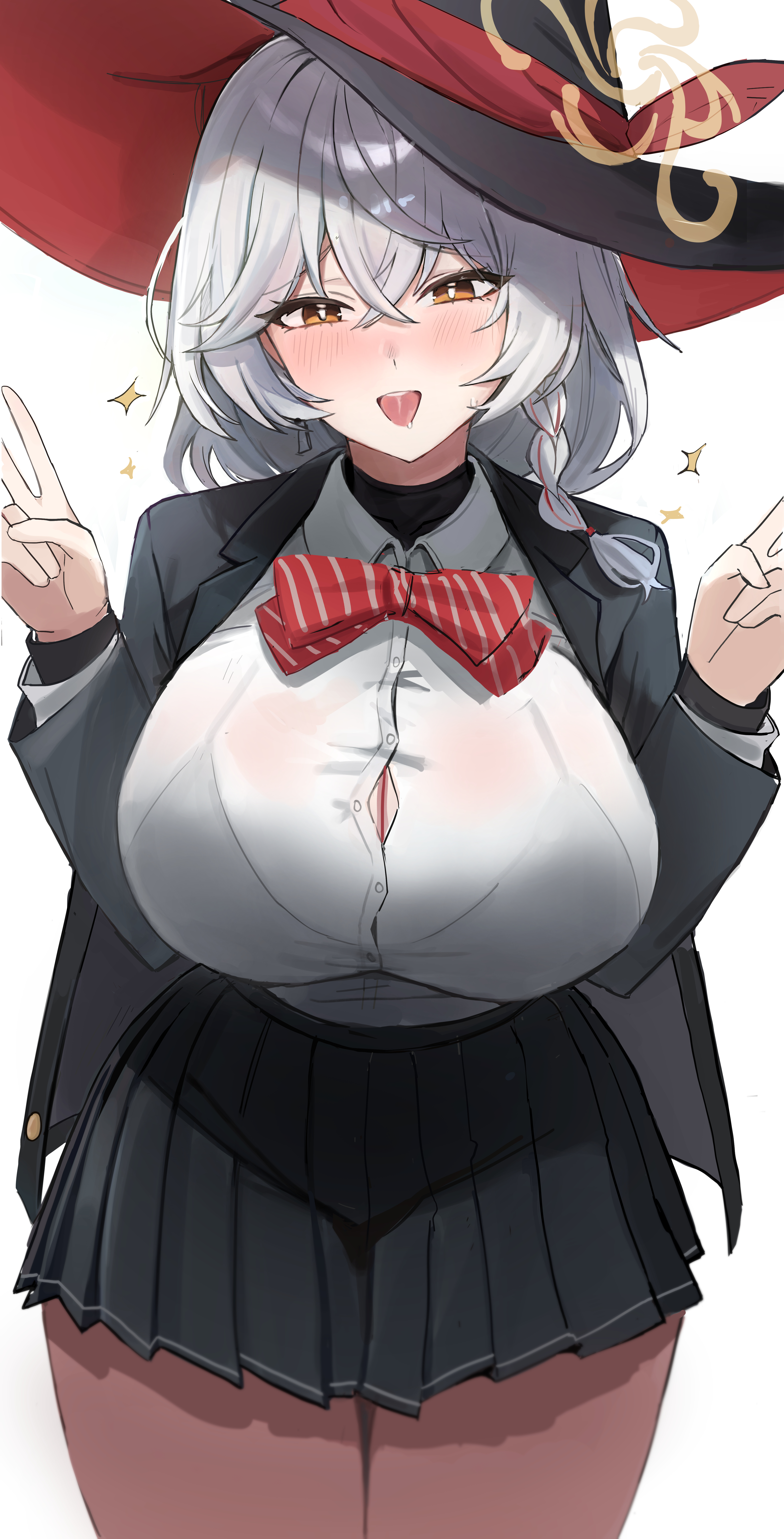 rimmon, eri (blue archive), blue archive, absurdres, commentary request, highres, 1girl, black hat, black jacket, black skirt, blush, bow, bowtie, bra visible through clothes, braid, breasts, brown halo, button gap, cleavage, cowboy shot, crossed bangs, diagonal-striped bow, diagonal-striped bowtie, diagonal-striped clothes, double v, halo, hands up, hat, huge breasts, jacket, long hair, long sleeves, looking at viewer, miniskirt, open clothes, open jacket, open mouth, pleated skirt, red bow, red bowtie, saliva, saliva trail, shirt, side braid, simple background, skirt, smile, solo, striped bow, striped bowtie, striped clothes, thighs, tilted halo, turtleneck, v, white background, white hair, white shirt, witch hat