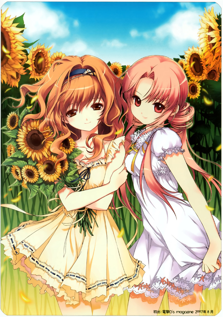 shirahane nao, dmyotic, original, highres, scan, 2girls, bouquet, brown eyes, brown hair, cloud, day, dress, field, flower, flower field, hairband, long hair, multiple girls, pink eyes, pink hair, sky, smile, standing, sundress, sunflower, sunflower field