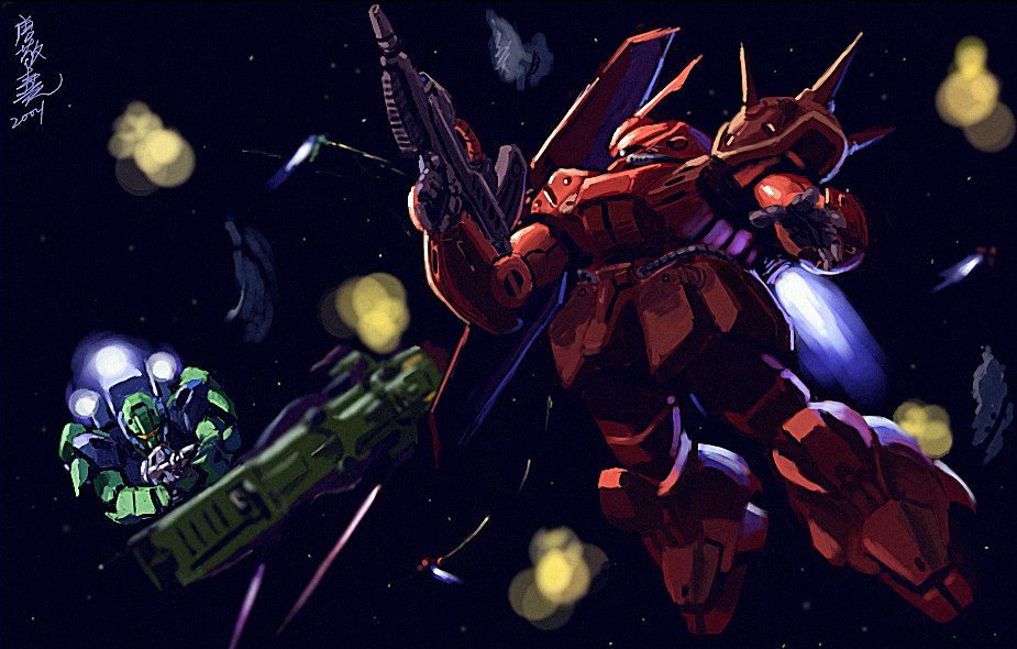 tanqexe, marasai, nemo (mobile suit), gundam, original, zeta gundam, commentary, english commentary, aeug, battle, beam rifle, blurry, blurry background, energy gun, explosion, machinery, mecha, mecha focus, mobile suit, motion blur, no humans, one-eyed, radio antenna, realistic, redesign, robot, salamis class, science fiction, shield, shoulder spikes, signature, space, spacecraft, spikes, thrusters, weapon, yellow visor