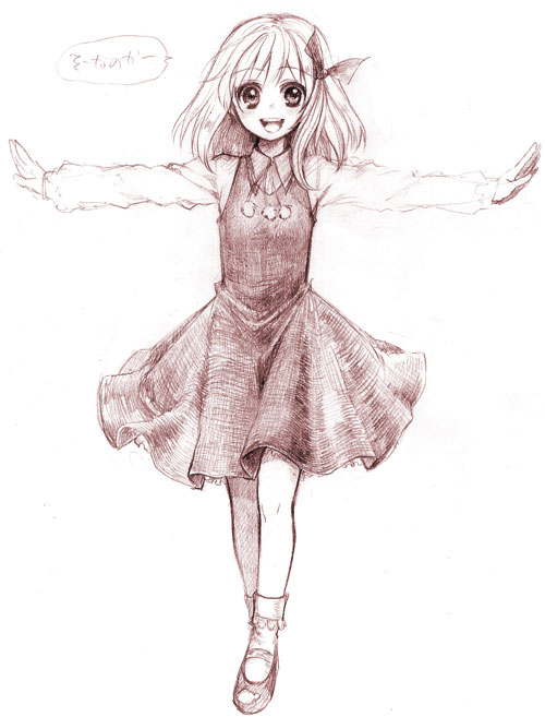 usa (artist), usaki (ama), rumia, embodiment of scarlet devil, touhou, graphite (medium), traditional media, 1girl, bobby socks, dress, female focus, hair ribbon, is that so, mary janes, monochrome, open mouth, outstretched arms, ribbon, shoes, sketch, smile, socks, solo, spread arms