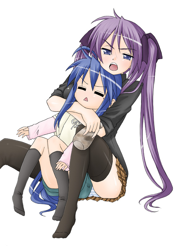 eunos, hiiragi kagami, izumi konata, lucky star, plaid, 00s, 2girls, ahoge, alcohol, black socks, black thighhighs, blue hair, bow, drunk, flat chest, frown, hair ribbon, hug, kneehighs, long hair, mole, mole under eye, multiple girls, panties, pantyshot, pleated skirt, purple eyes, purple hair, ribbon, sake, simple background, skirt, socks, striped clothes, striped panties, thighhighs, tsurime, twintails, underwear, yuri