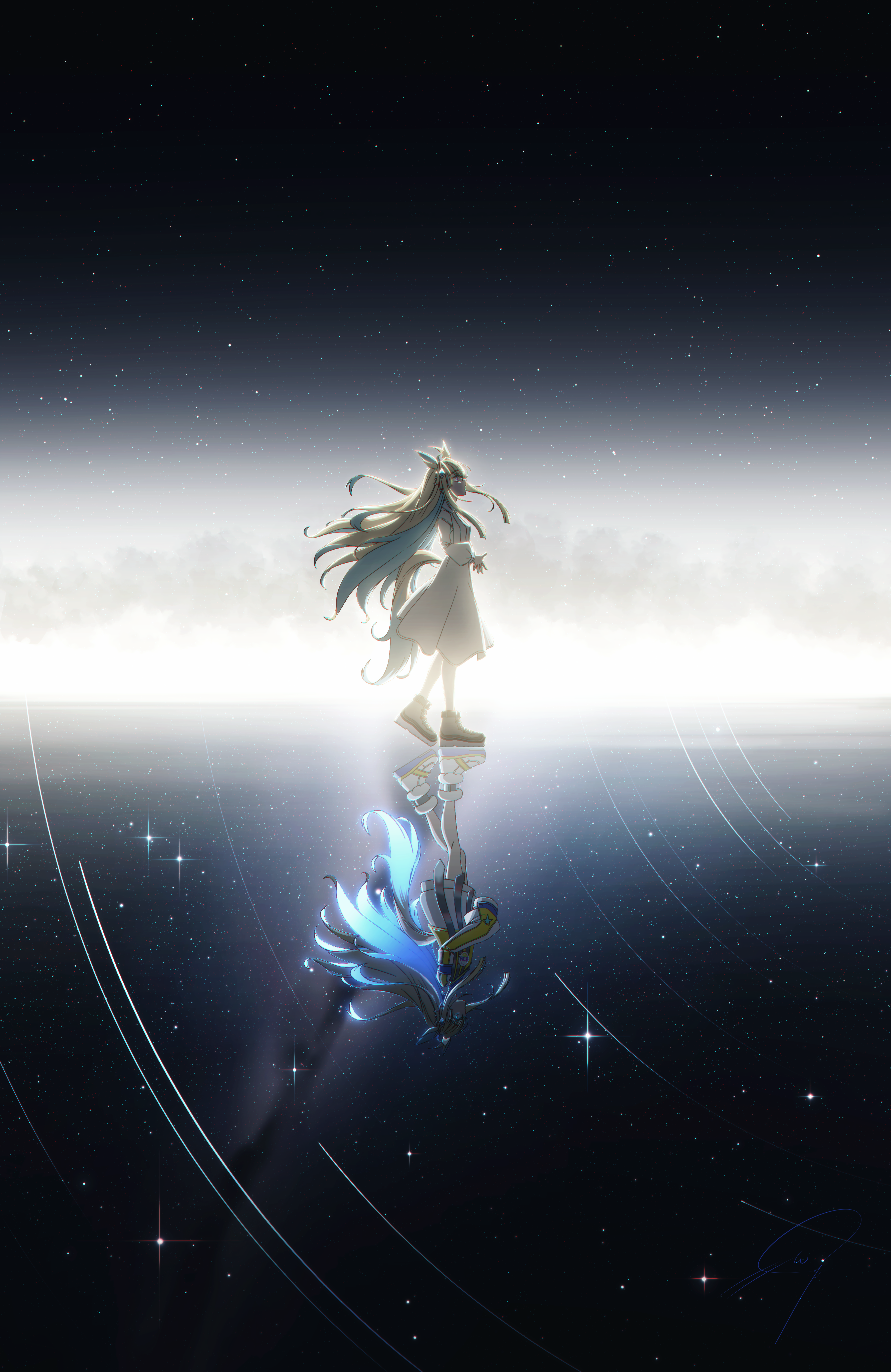 nengoro, neo universe (umamusume), umamusume, absurdres, commentary, highres, 1girl, animal ears, different reflection, dress, floating hair, from side, horse ears, horse girl, horse tail, long hair, long sleeves, looking ahead, medium dress, multicolored hair, reflection, reflective surface, scenery, shoes, signature, sneakers, solo, star (sky), surreal, tail, very long hair, walking, white dress, wide shot