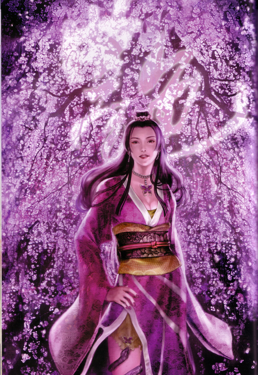nouhime, nouhime (sengoku musou), sengoku musou, highres, official art, scan, 1girl, breasts, cherry blossoms, cleavage, japanese clothes, kimono, long hair, obi, parted lips, purple hair, sash, snake, solo