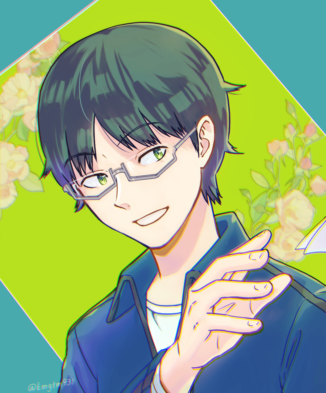 minom, mikumo osamu, world trigger, highres, black hair, blue jacket, eyewear on head, flower, glasses, green eyes, jacket, male focus, shirt, solo, white shirt