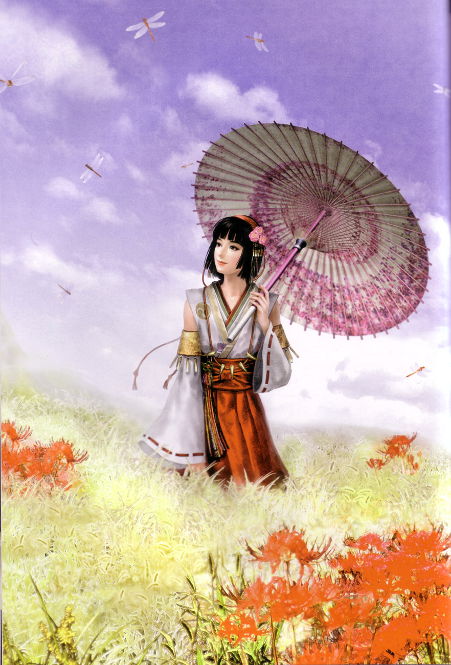 okuni, sengoku musou, highres, official art, scan, 1girl, black hair, female focus, oil-paper umbrella, short hair, solo, umbrella