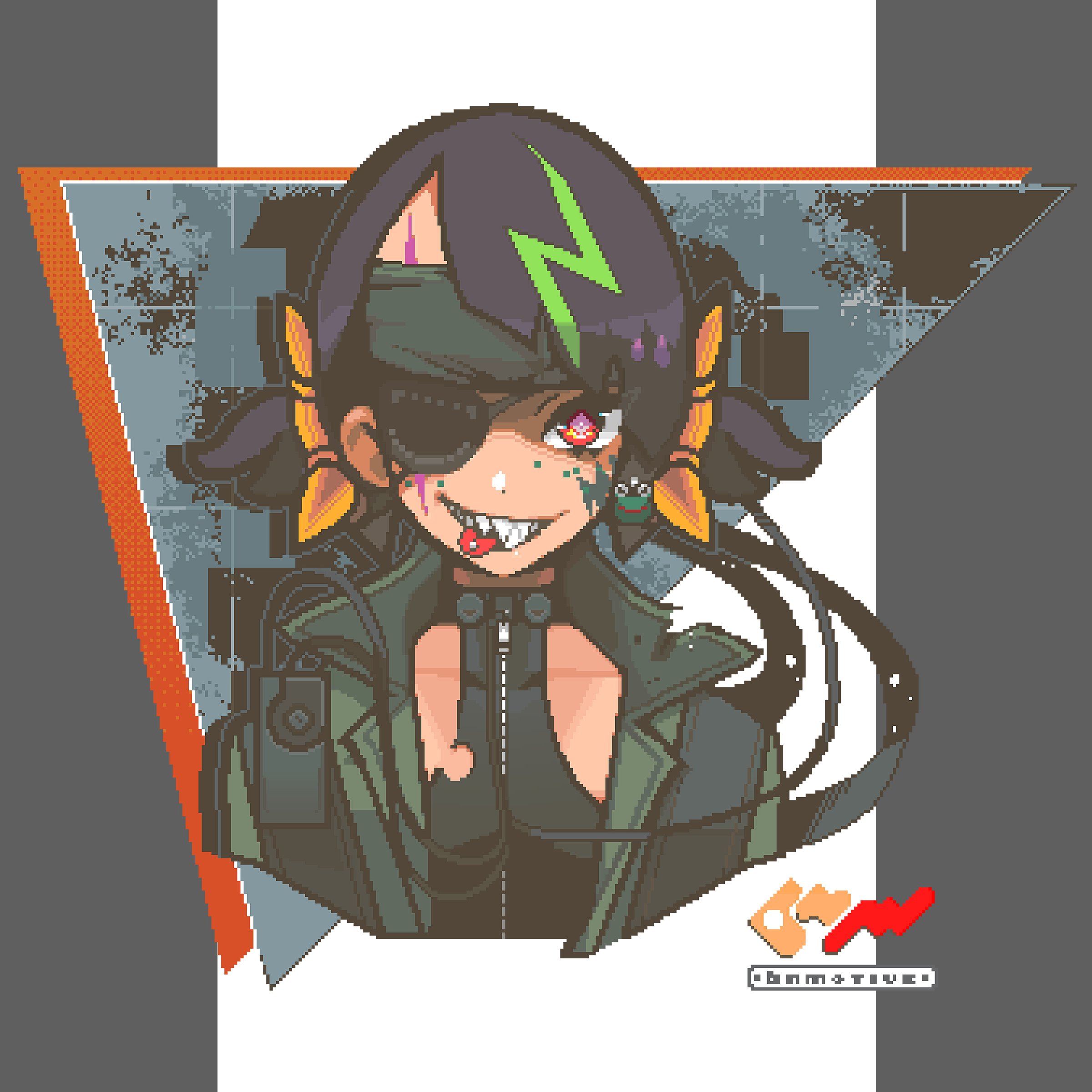 bnmotive, big boss, coqui, 3am, metal gear (series), metal gear solid: peace walker, absurdres, commentary, english commentary, highres, 1girl, artist name, big boss (cosplay), black hair, cosplay, cropped shoulders, eyepatch, freckles, green hair, green headband, green jacket, headband, jacket, multicolored hair, open clothes, open jacket, piercing, pixel art, red eyes, scar, scar across eye, scar on face, sharp teeth, short twintails, smile, solo, straight-on, streaked hair, teeth, tongue, tongue out, tongue piercing, torn clothes, twintails, virtual youtuber, zipper