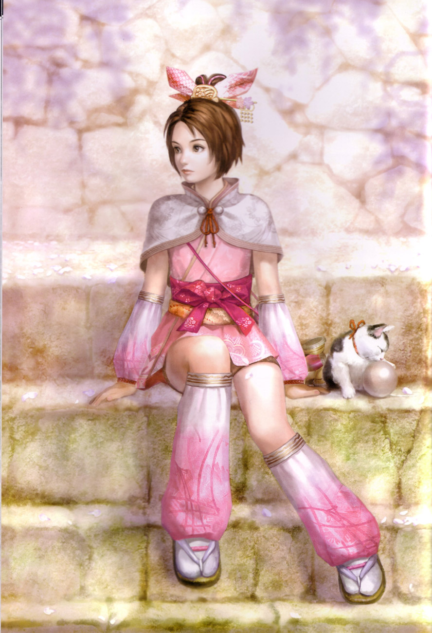 oichi, oichi (sengoku musou), sengoku musou, highres, official art, scan, 1girl, brown eyes, brown hair, cat, detached sleeves, female focus, lips, short hair, sitting, sitting on stairs, solo, stairs