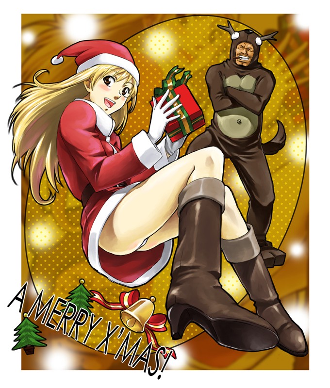 ass, blonde hair, blush, christmas, costume, long hair, reindeer, santa costume