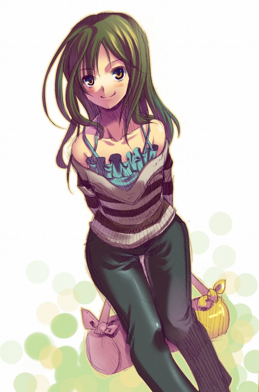 striped, tagme, blush, brown hair, long hair, pants, solo