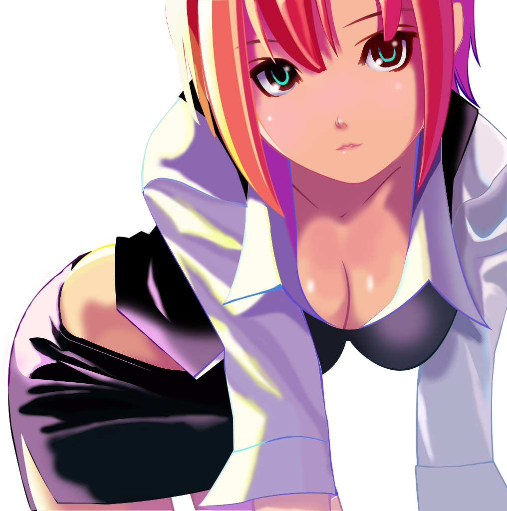 koutaro, rio rollins, super blackjack, 1girl, aqua eyes, breasts, cleavage, croupier, female focus, large breasts, miniskirt, pencil skirt, red hair, short hair, skirt, solo