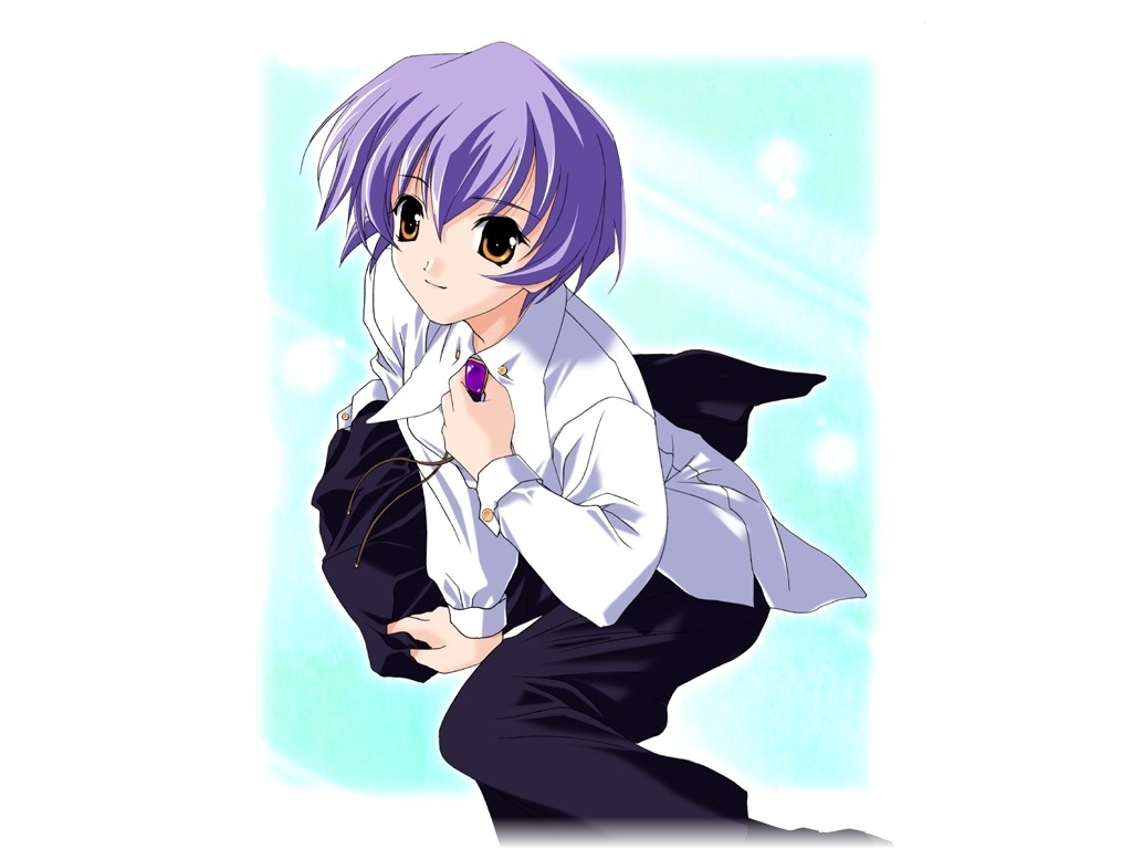 sasaki mutsumi, ninomai kisaragi, happy lesson, 00s, 1girl, blue background, blush, collared shirt, dress shirt, female focus, holding, long sleeves, looking at viewer, pants, purple eyes, purple hair, shirt, short hair, simple background, solo, white shirt