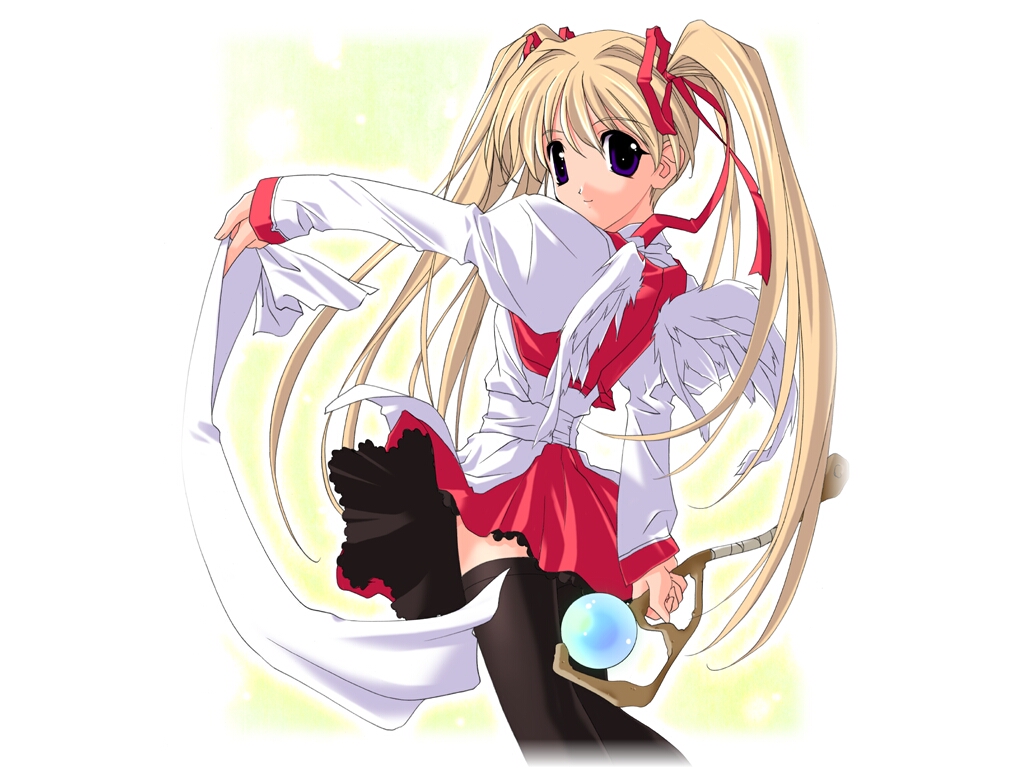 sasaki mutsumi, shitenno uzuki, happy lesson, 00s, blonde hair, solo, thighhighs, twintails, wings