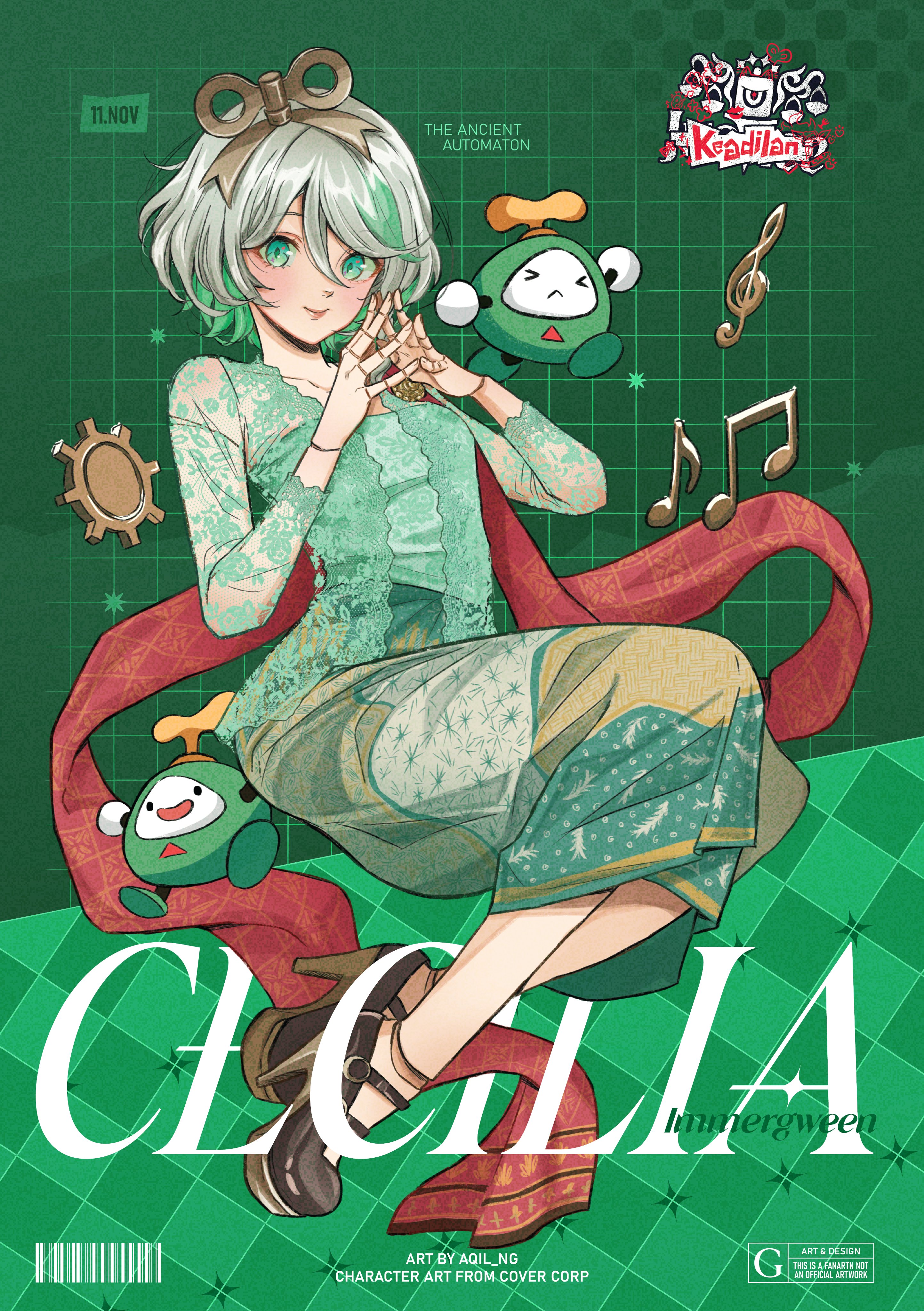 aqil ng, cecilia immergreen, hololive, hololive english, absurdres, highres, 1girl, brown shoes, colored inner hair, doll joints, green background, green eyes, green hair, grey hair, joints, kebaya, looking at viewer, multicolored hair, own hands together, shoes, short hair, smile, solo, streaked hair, two-tone hair, virtual youtuber, winding key