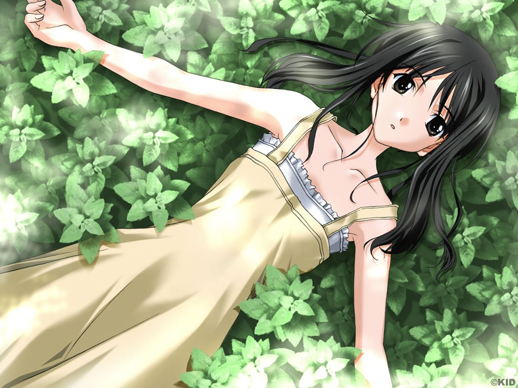 sasaki mutsumi, minami tsubame, memories off, memories off 2nd, 1girl, :o, armpits, black hair, blush, brown eyes, collarbone, dappled sunlight, dress, female focus, looking at viewer, lying, on back, outstretched arms, parted lips, short hair, sleeveless, sleeveless dress, solo, sundress, sunlight