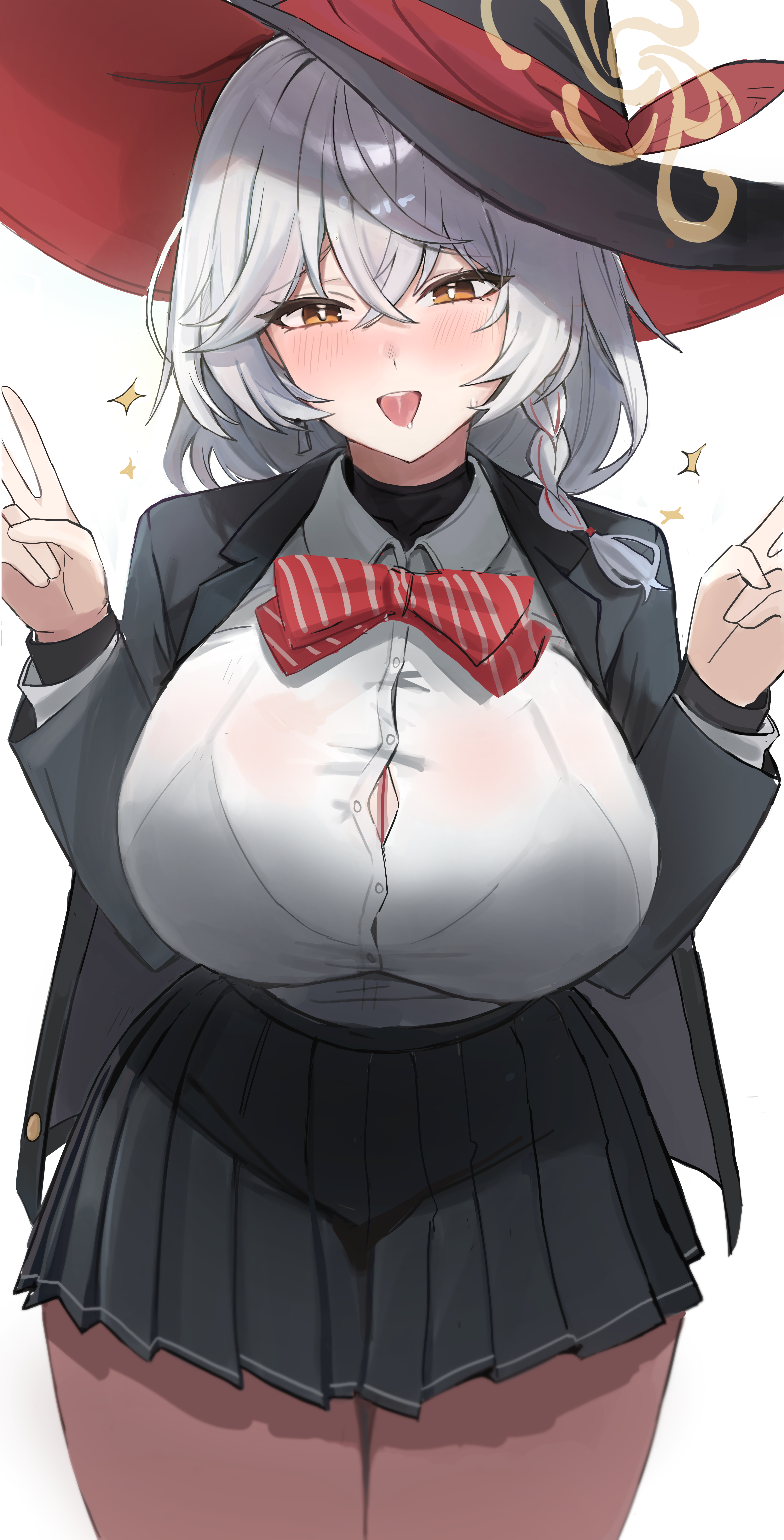 rimmon, eri (blue archive), blue archive, absurdres, commentary request, highres, 1girl, black hat, black jacket, black skirt, blush, bow, bowtie, bra visible through clothes, braid, breasts, brown halo, button gap, cleavage, cowboy shot, crossed bangs, diagonal-striped bow, diagonal-striped bowtie, diagonal-striped clothes, double v, halo, hands up, hat, huge breasts, jacket, long hair, long sleeves, looking at viewer, miniskirt, open clothes, open jacket, open mouth, pleated skirt, red bow, red bowtie, saliva, saliva trail, shirt, side braid, simple background, skirt, smile, solo, striped bow, striped bowtie, striped clothes, thighs, tilted halo, turtleneck, v, white background, white hair, white shirt, witch hat
