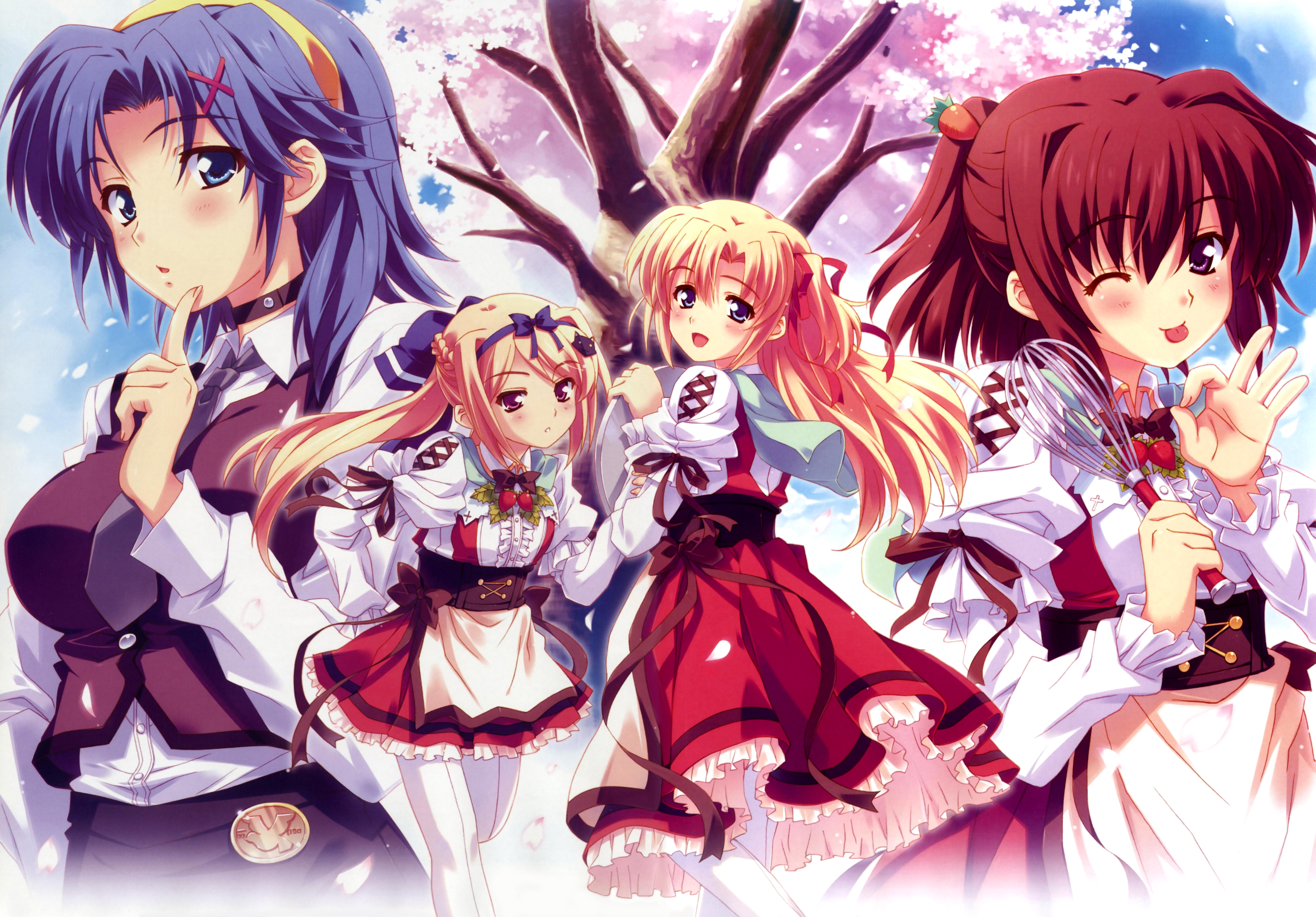 kusukusu, ayase yuuka, lulli, marie rudel, satomura karin, sakura strasse, absurdres, highres, 4girls, carrot hair ornament, cat hair ornament, cherry blossoms, food, food-themed hair ornament, fruit, hair ornament, hair ribbon, long hair, multiple girls, one eye closed, pantyhose, ribbon, strawberry, waitress, wink