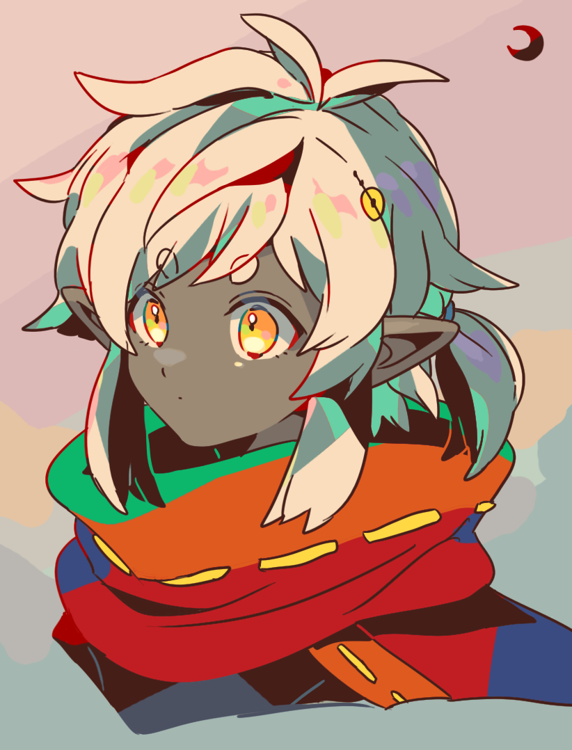 mizuki tsukimori, sky child, sky: children of the light, commentary request, 1girl, cape, colored skin, expressionless, grey hair, grey skin, looking ahead, orange eyes, pointy ears, ponytail, red scarf, ribbon-trimmed scarf, scarf, short hair, solo, thick eyebrows