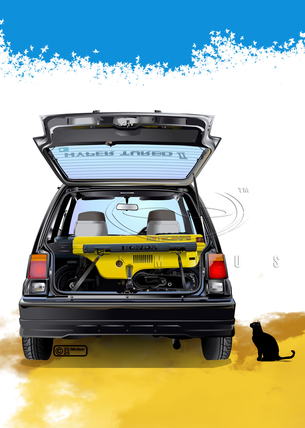 nimbus goldbrum, honda, original, commentary request, highres, 2025, artist name, black car, black cat, car, car trunk, cat, copyright notice, exhaust pipe, honda city, honda motocompo, leaf, logo, motor vehicle, motorcycle, no humans, product placement, rear-view mirror, scooter, shadow, silhouette, simple background, vehicle focus, watermark, wheel, white background