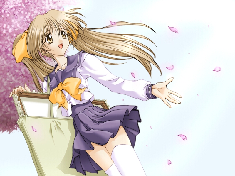 sasaki mutsumi, ibuki minamo, memories off, game cg, 1girl, bag, blonde hair, bow, canvas (object), cherry blossoms, female focus, hair ribbon, happy, long hair, outdoors, petals, pleated skirt, ribbon, school uniform, serafuku, skirt, sky, solo, thighhighs, twintails, white thighhighs, yellow eyes, zettai ryouiki