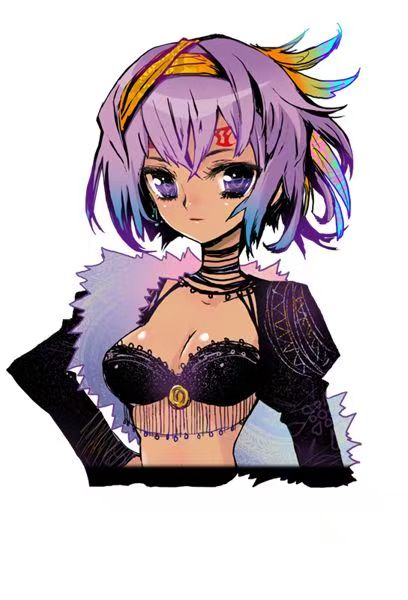 ooishi ryuuko, hikari no valusia, steampunk (liarsoft), game cg, non-web source, official art, 1girl, ana (hikari no valusia), armband, bra, facial mark, fire, forehead mark, gloves, headscarf, holding, long hair, long sleeves, military, military uniform, necktie, purple bra, purple eyes, purple hair, short hair, skirt, solo, sword, tan, underwear, very long hair, weapon, white gloves