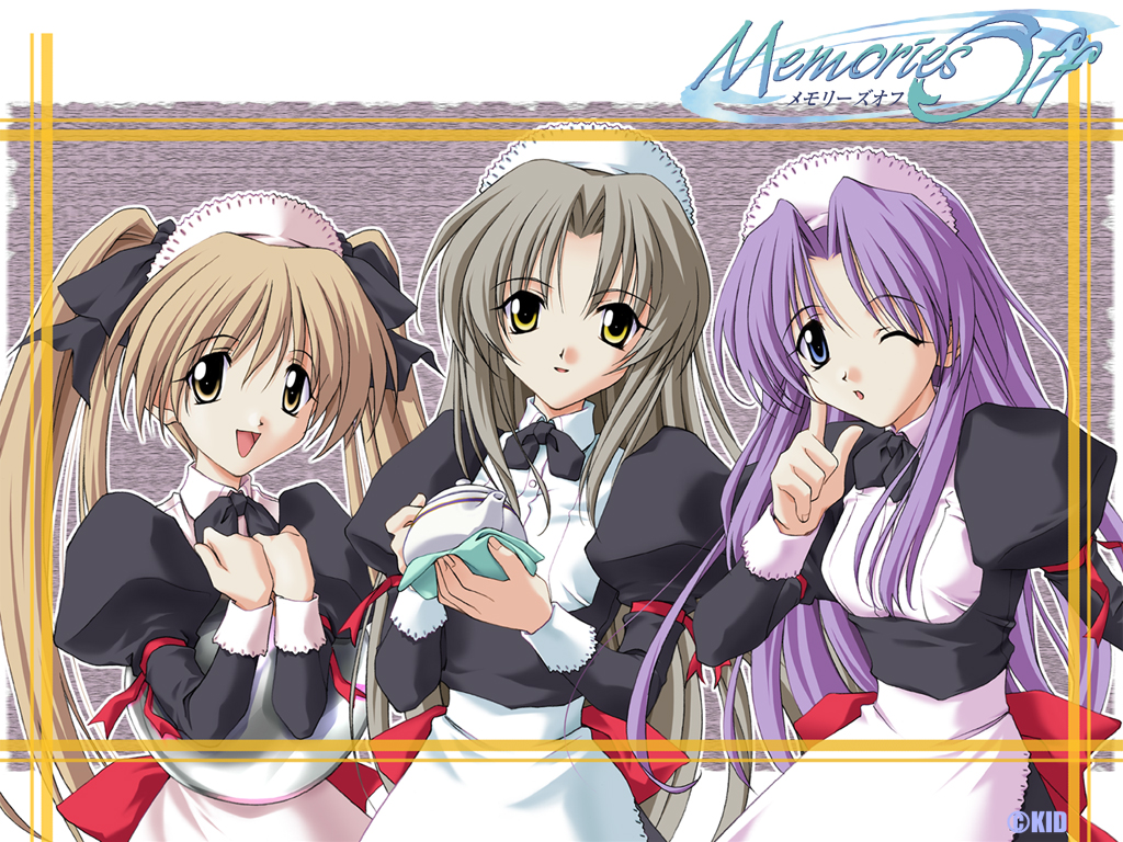 futami shion, ibuki minamo, kirishima koyomi, memories off, silver hair, official art, official wallpaper, 3girls, blue eyes, brown eyes, brown hair, hairband, long hair, maid, multiple girls, one eye closed, purple hair, teapot, twintails, wink, yellow eyes