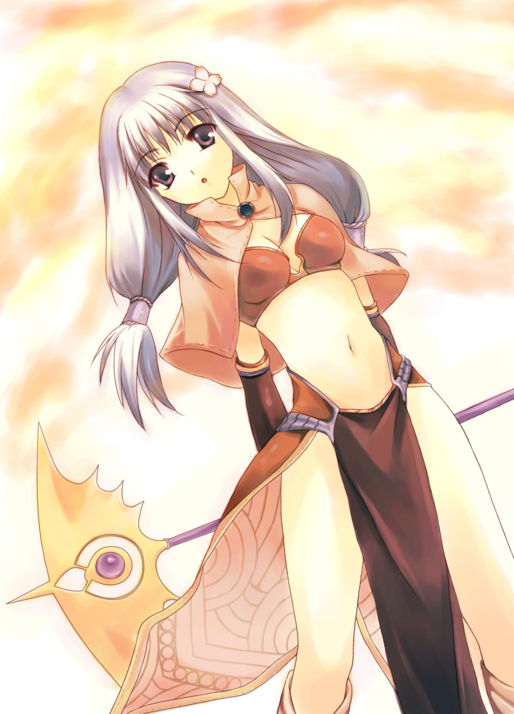 mage (ragnarok online), ragnarok online, duplicate, highres, 1girl, breasts, cleavage, mage, purple eyes, purple hair, solo