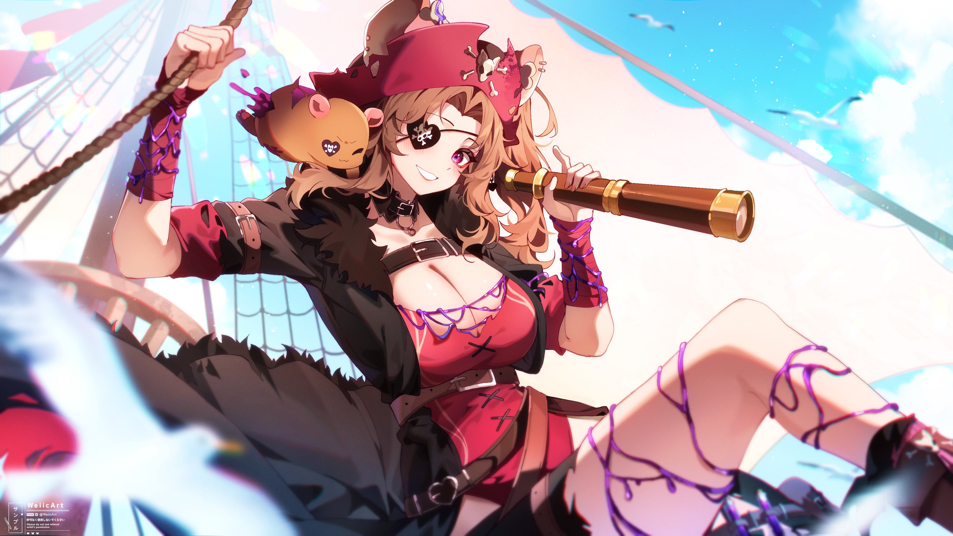 weiic, indie virtual youtuber, absurdres, highres, 1girl, animal, animal ears, animal on shoulder, artist name, belt, belt collar, bird, black belt, black coat, breasts, brown hair, chest belt, cleavage, cloud, coat, collar, earrings, eyepatch, fur-trimmed coat, fur trim, hat, holding, holding telescope, jewelry, kyoharu (vtuber), large breasts, pink hat, purple eyes, rigging, rope, seagull, skull and crossbones, sky, smile, telescope, virtual youtuber