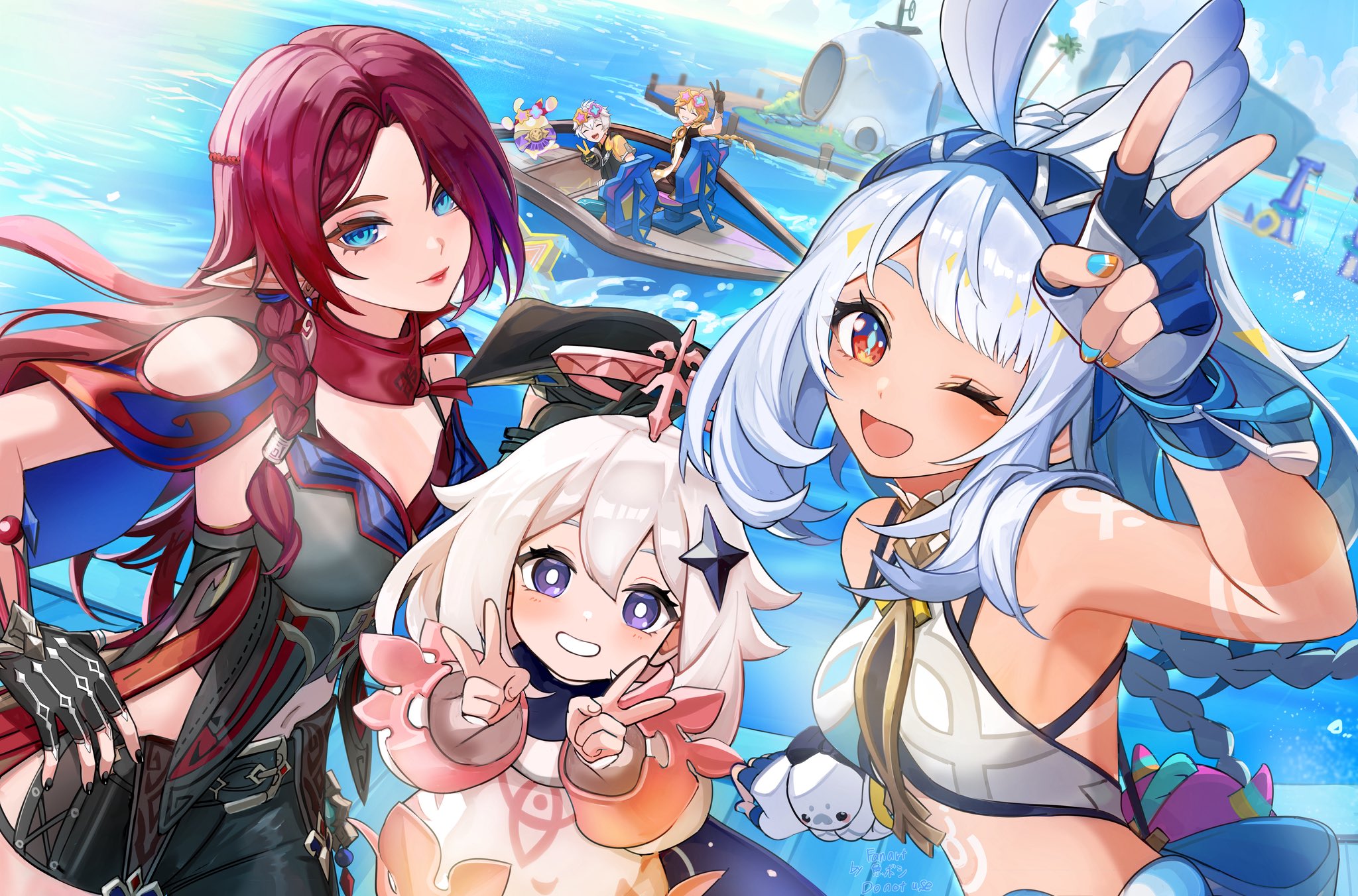 okkobc, aether (genshin impact), asha (genshin impact), bennett (adventures in blazing hue) (genshin impact), bennett (genshin impact), chasca (genshin impact), mualani (genshin impact), paimon (genshin impact), genshin impact, commentary, highres, symbol-only commentary, 1other, 2girls, 3girls, ahoge, bare shoulders, black gloves, blonde hair, blue eyes, blue hair, blue hairband, boat, braid, breasts, cleavage, closed eyes, closed mouth, clothing cutout, crop top, dark skin, double v, earrings, eyewear on head, fingerless gloves, fish-shaped pupils, gloves, gradient hair, hair between eyes, hair ornament, hairband, halo, hand on own hip, hat, holding, holding unworn clothes, holding unworn hat, jewelry, large breasts, long hair, midriff, mole, multicolored hair, multiple boys, multiple girls, nail polish, ocean, official alternate costume, one eye closed, open mouth, pointy ears, purple eyes, red eyes, red hair, scarf, shirt, short hair, shoulder cutout, single braid, smile, star-shaped eyewear, star (symbol), symbol-shaped pupils, tan, tanline, unworn hat, unworn headwear, v, watercraft, white hair