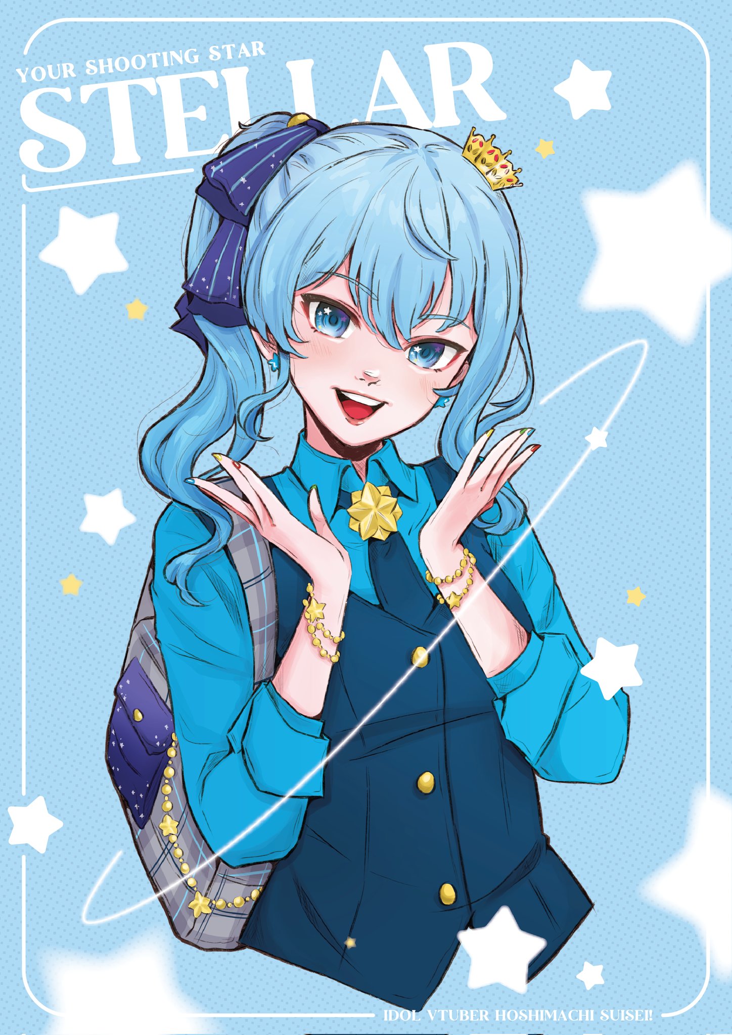 aqil ng, hoshimachi suisei, hololive, highres, 1girl, blue eyes, blue hair, blue necktie, blue shirt, blue vest, hair between eyes, jewelry, long hair, looking at viewer, malaysian secondary school uniform, necktie, open mouth, school uniform, shirt, side ponytail, sleeves rolled up, solo, star (symbol), star in eye, symbol in eye, vest, virtual youtuber