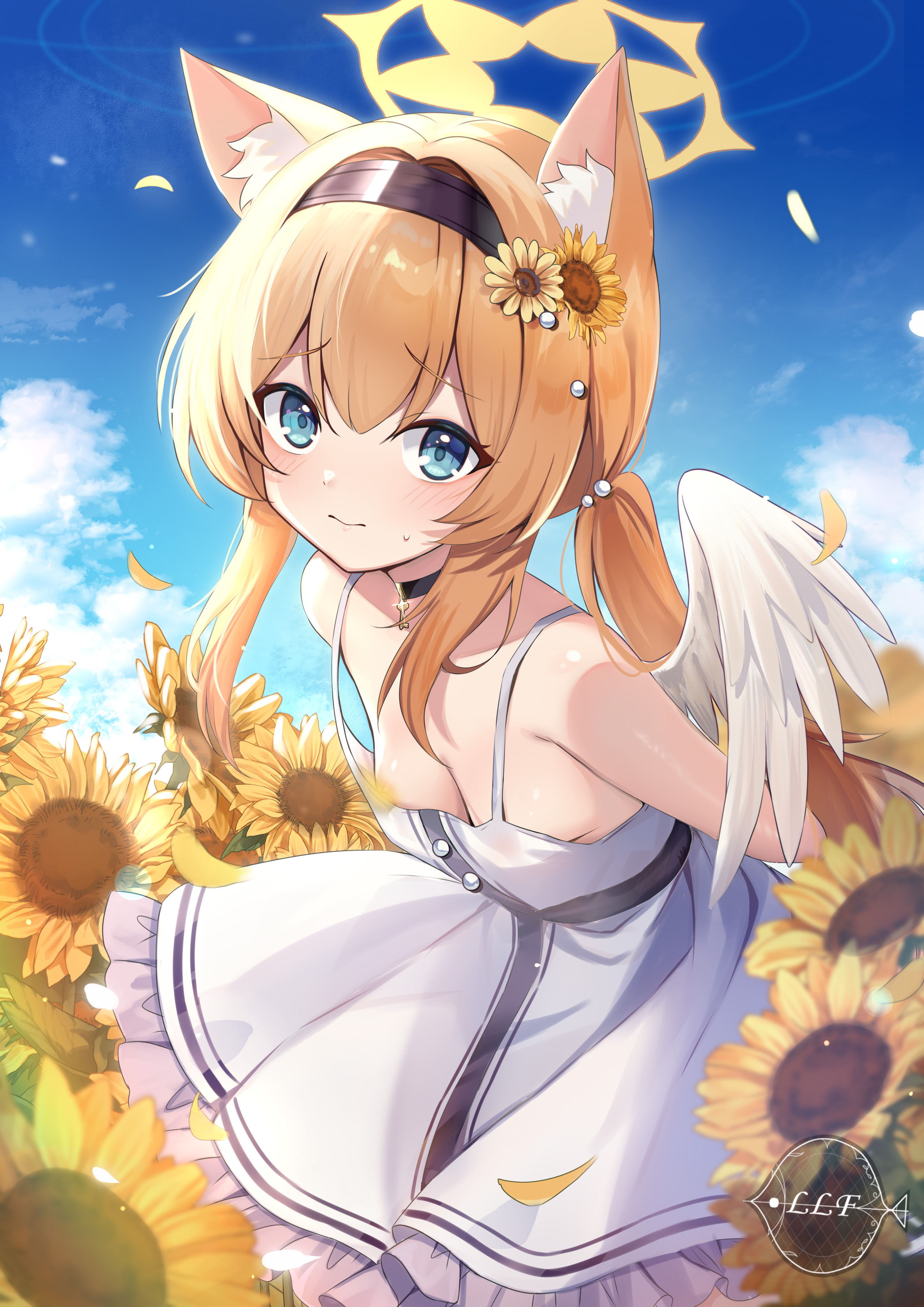 rinringyo, mari (blue archive), blue archive, absurdres, highres, animal ears, bare arms, bare shoulders, black choker, blue eyes, blue sky, breasts, buttons, cat ears, choker, closed mouth, cloud, cloudy sky, convenient censoring, dress, feathered wings, flower, hair flower, hair ornament, halo, headband, looking at viewer, low-cut dress, low twintails, nervous smile, orange hair, petals, sideboob, sky, small breasts, smile, sunflower, sunflower hair ornament, sweatdrop, twintails, white dress, wings, yellow halo