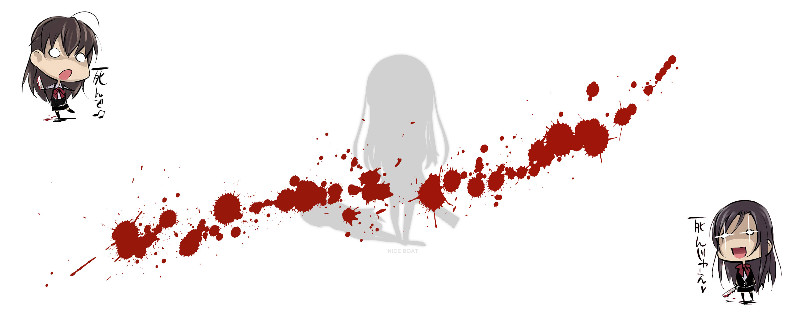 katsura kotonoha, saionji sekai, school days, highres, long image, translated, wide image, 00s, 2girls, blood, knife, meme, multiple girls, nice boat (meme), silhouette