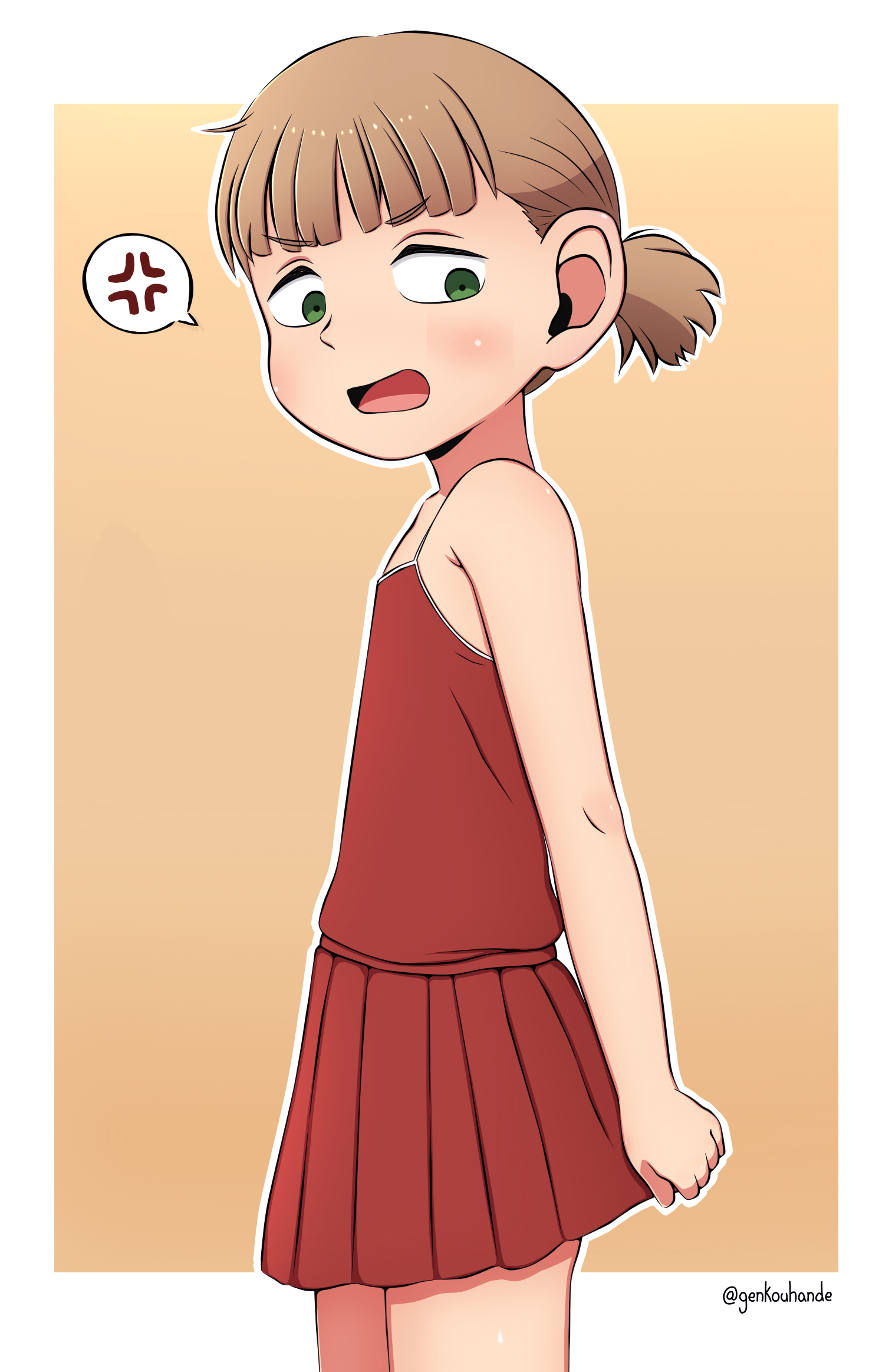 genkouhande, mickbell tomas, dungeon meshi, highres, 1boy, anger vein, blush, border, brown hair, cowboy shot, crossdressing, crossdressing (mtf), embarrassed, green eyes, male focus, open mouth, pleated skirt, ponytail, red shirt, shirt, short hair, short ponytail, skirt, solo, spoken anger vein, trap, twitter username, upper body, v-shaped eyebrows, white border