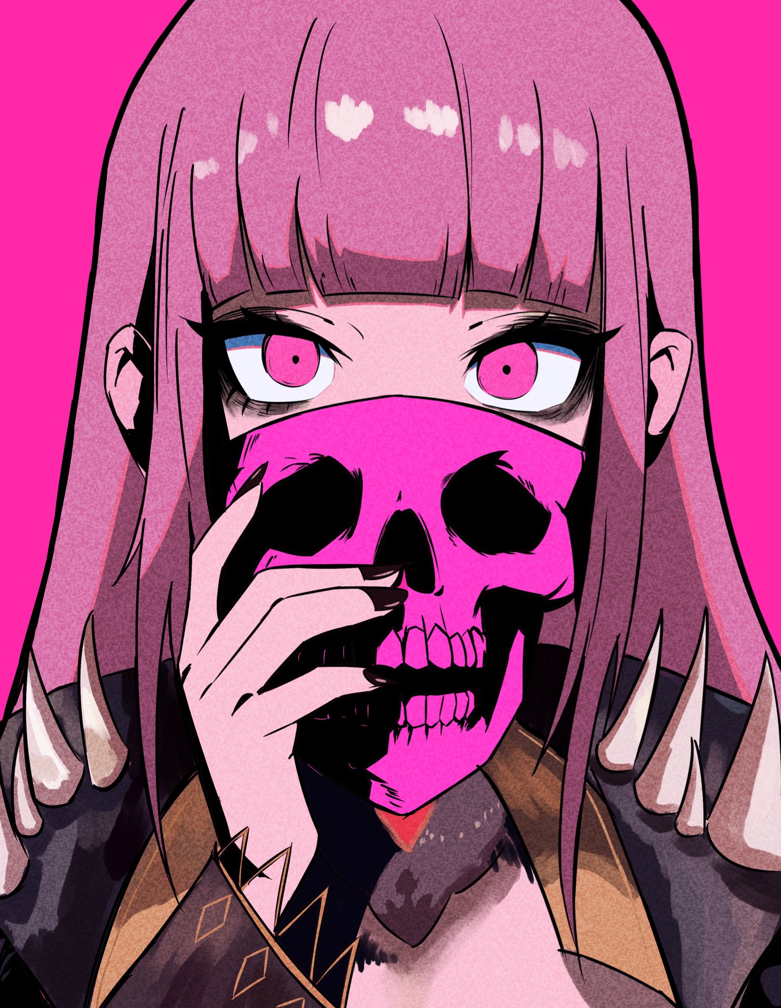 nagainegi, mori calliope, hololive, hololive english, highres, 1girl, breasts, cleavage, dress, earrings, hime cut, holding, holding skull, jewelry, long hair, looking at viewer, pink eyes, pink hair, skull, solo, virtual youtuber