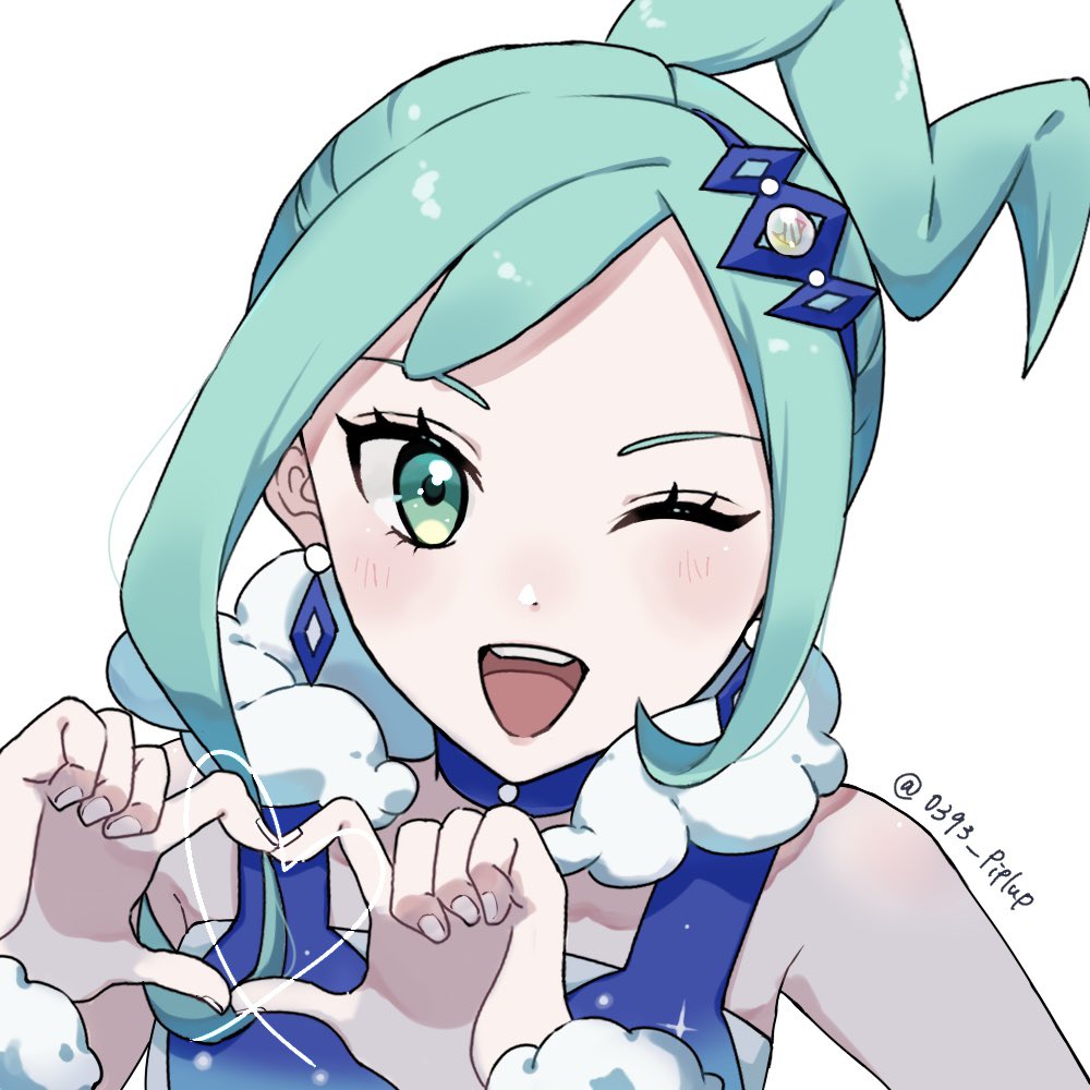 lisia (pokemon), nintendo, pokemon, pokemon oras, 0393 piplup, 1girl, ;d, arm warmers, blue choker, blue eyes, choker, earrings, eyelashes, four-finger heart hands, green eyes, hair ornament, heart, heart hands, jewelry, looking at viewer, one eye closed, open mouth, ponytail, smile, solo, teeth, twitter username, upper body, upper teeth only, white background