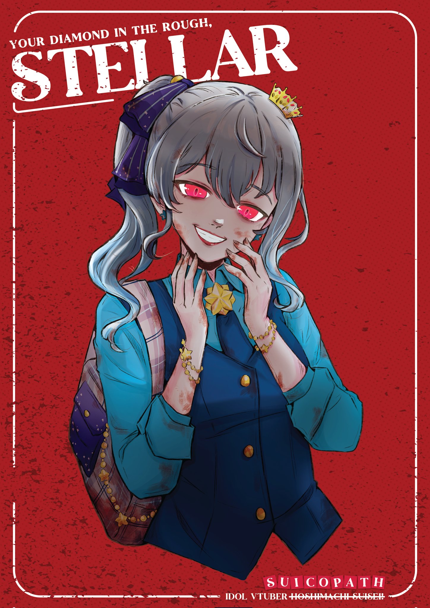 aqil ng, hoshimachi suisei, hololive, highres, 1girl, blood, blood on clothes, blood on face, blue eyes, blue hair, blue necktie, blue shirt, blue vest, crown, hair between eyes, jewelry, long hair, looking at viewer, malaysian secondary school uniform, necktie, open mouth, school uniform, shirt, side ponytail, sleeves rolled up, solo, star (symbol), star in eye, symbol in eye, vest, virtual youtuber, yandere
